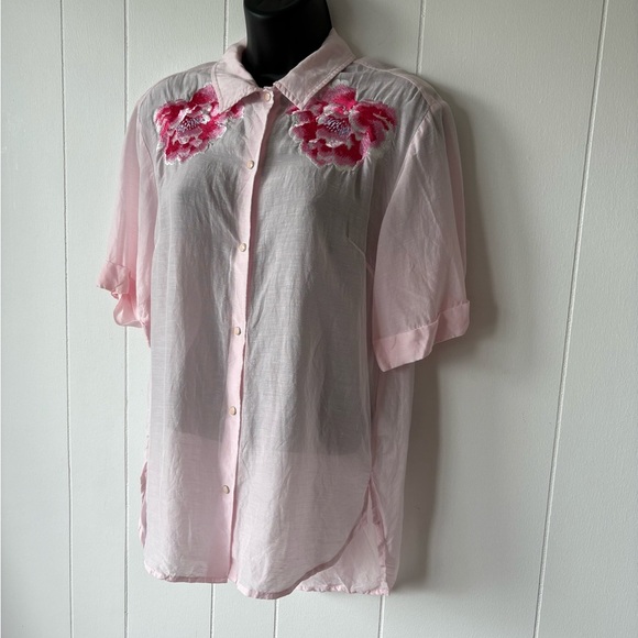 SANDRO Pink Floral Linen Shirt With Embroidery | Size XS - Picture 4 of 10